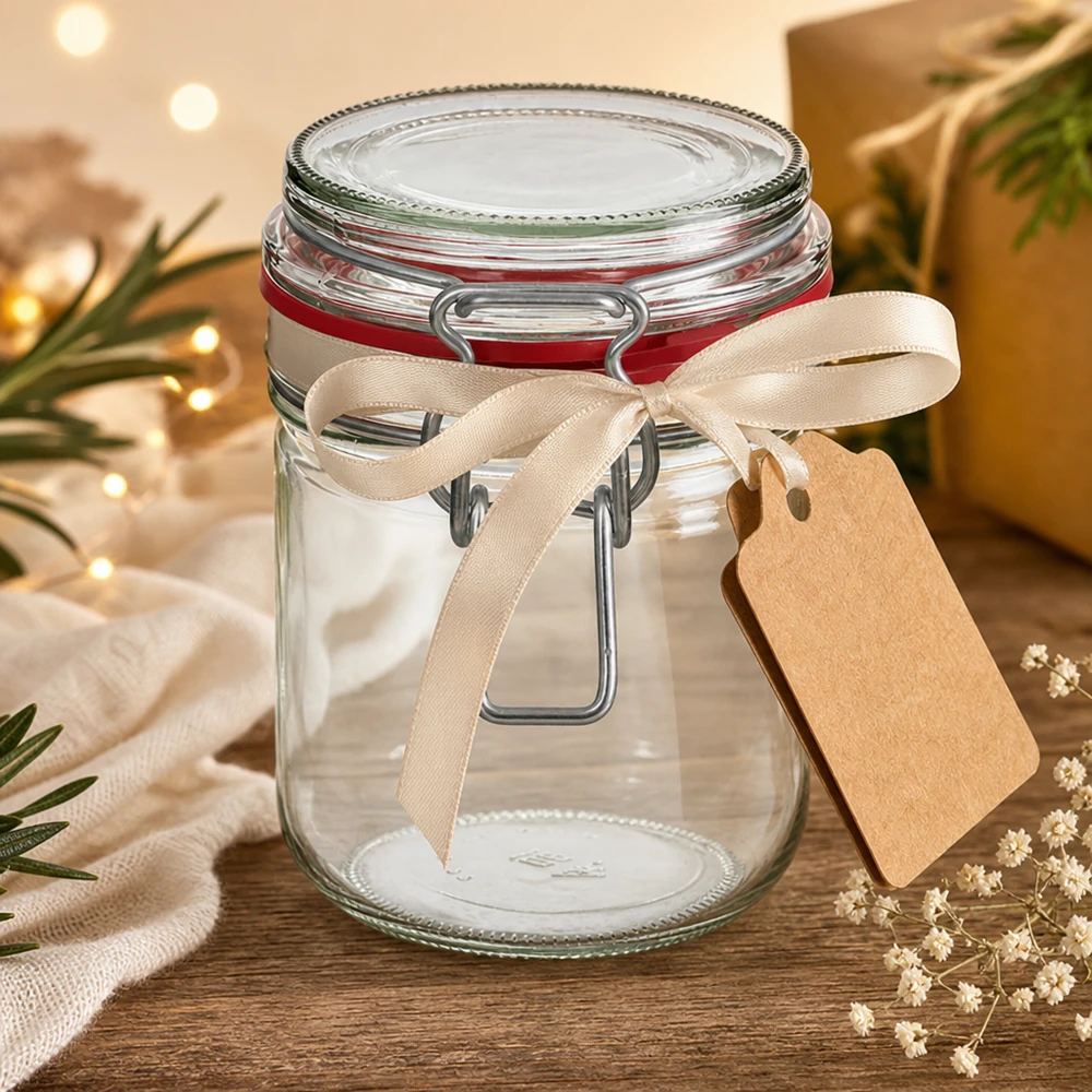 Bocal de conservation de 400 ml, type G, avec bouchon à clip UN.. Bocal à provisions décoratif de 400 ml avec ruban couleur crème et étiquette cadeau pour les occasions spéciales