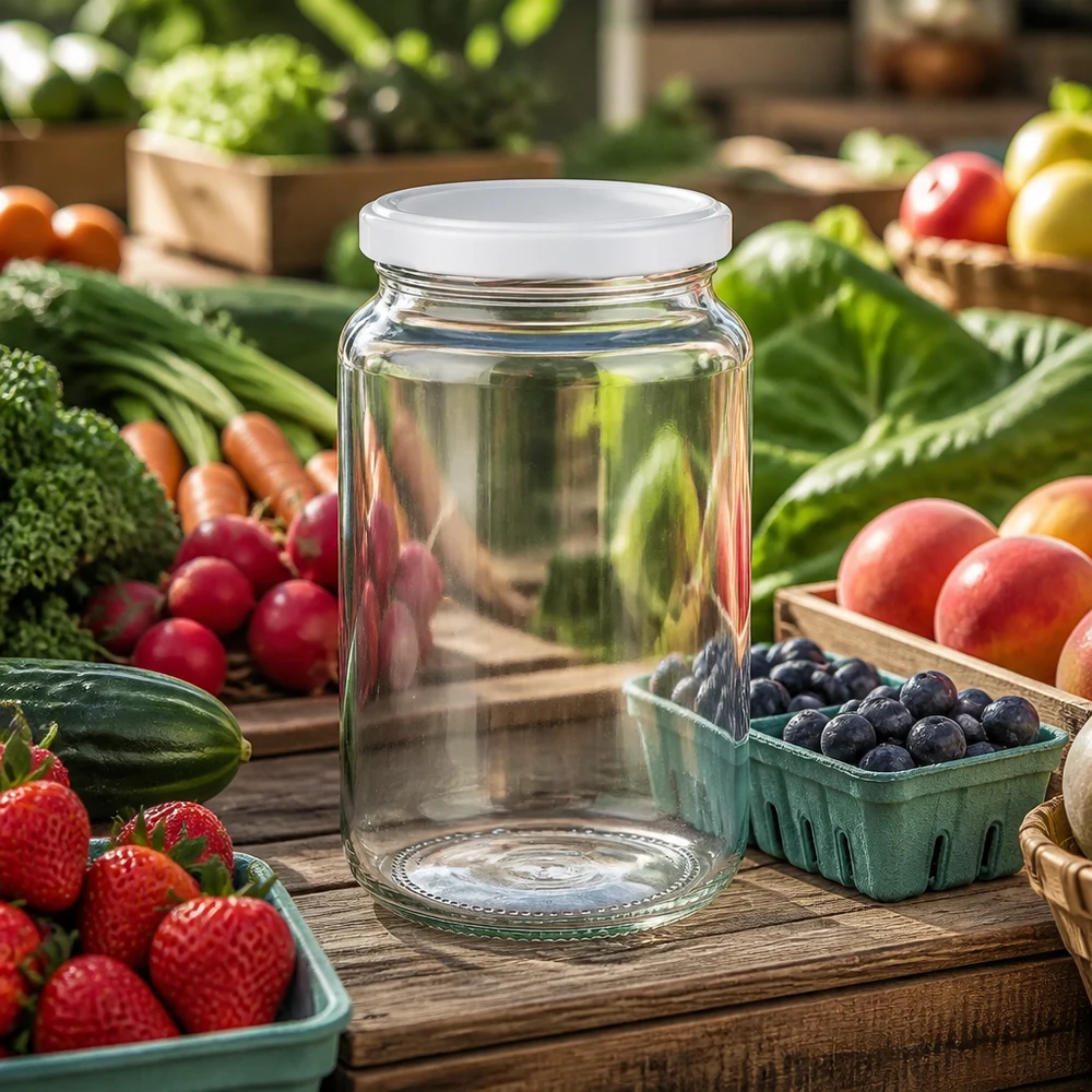 382ml UNiTWIST Verre rond vide avec couvercle blanc BasicSeal entre des fruits et légumes frais sur une table en bois