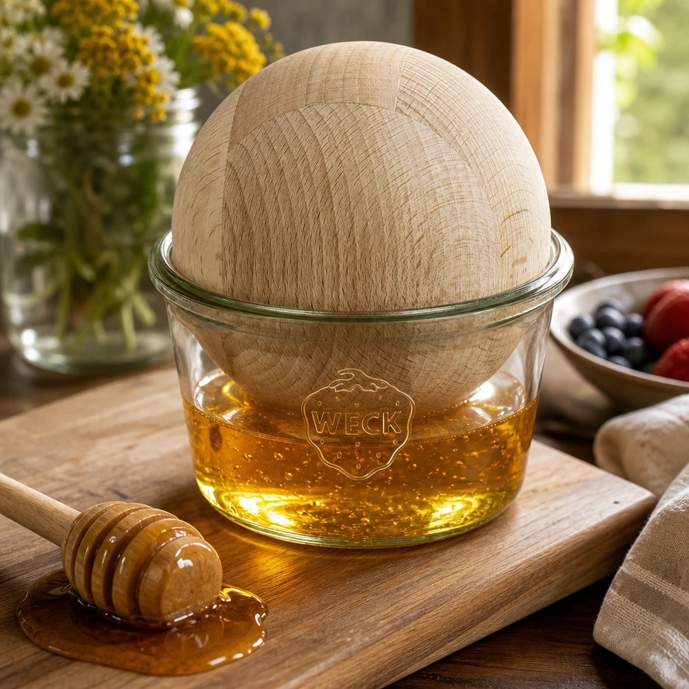 WECK Pot à miel de 370 ml avec boule de hêtre sur planche en bois à côté de la cuillère à miel Décoration de cuisine naturelle