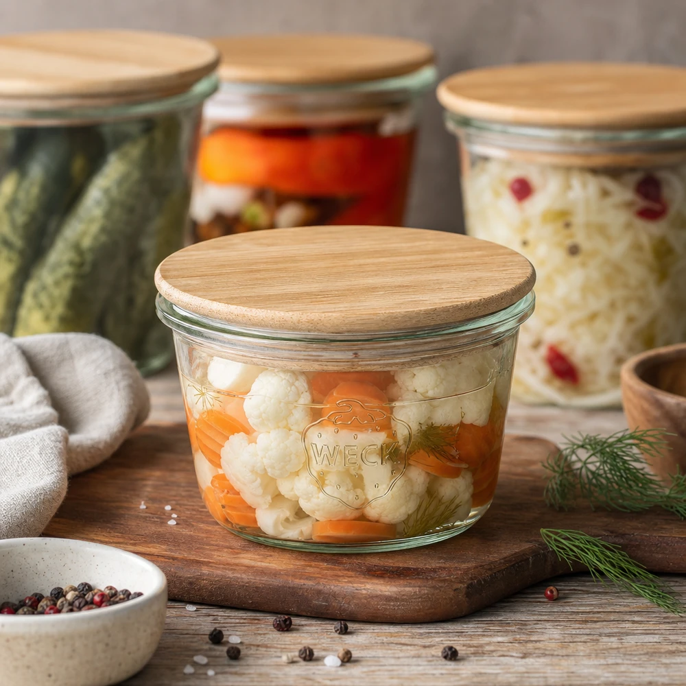 WECK Mini bocal 50ml rempli de chou-fleur et de carottes comme bocal avec couvercle en bambou sur planche en bois