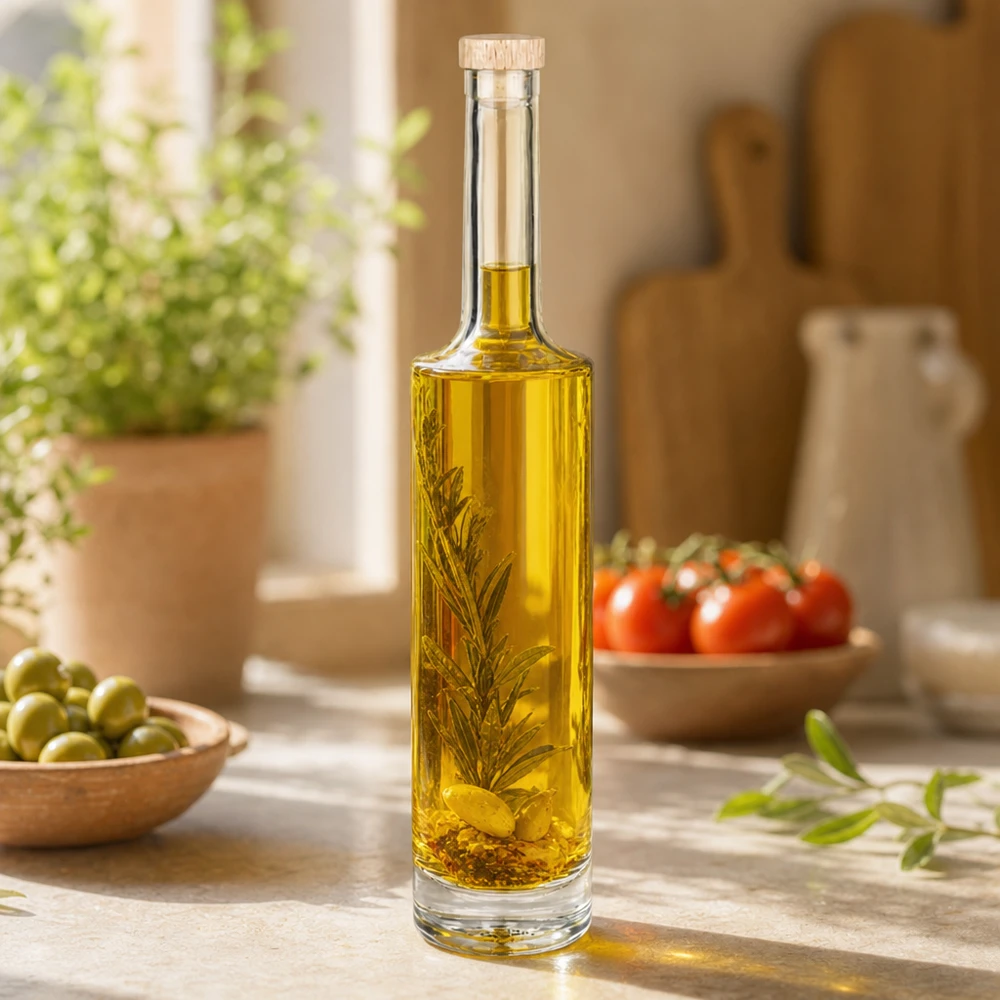 Bouteille en verre 500 ml « Rosa » avec bouchon en bois UNiTWIST® 500ml Glasflasche Rosa mit Olivenöl und Rosmarinzweig in mediterraner Küche neben Oliven und Tomaten