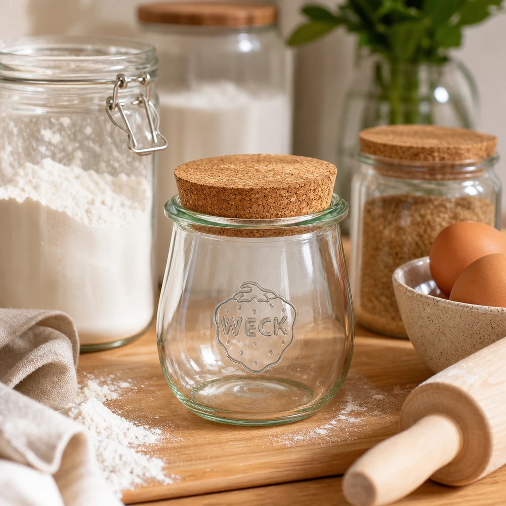 WECK Pot tulipe 220ml RR60 avec couvercle en liège dans une cuisine rustique avec des ingrédients de boulangerie farine et œufs sur une planche en bois