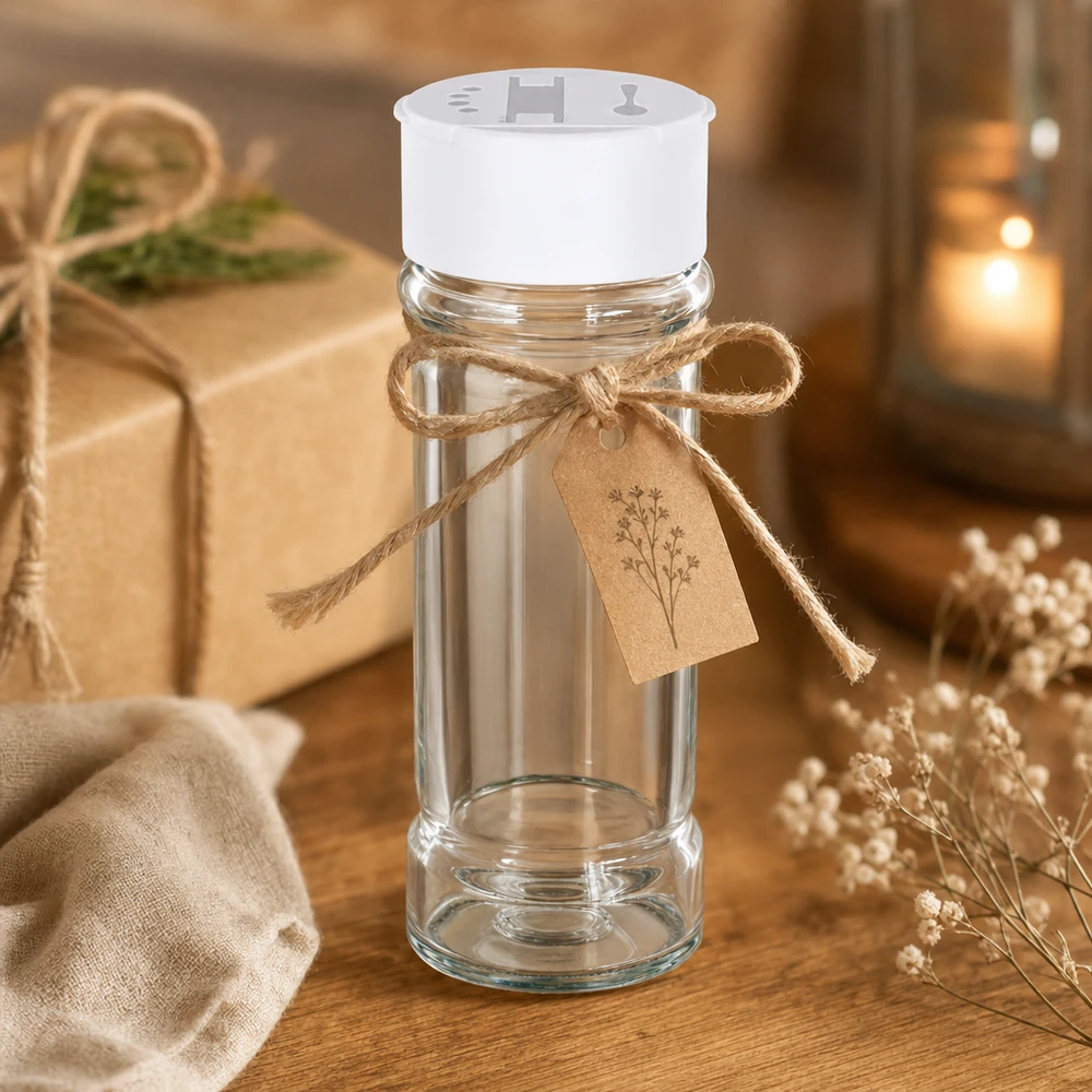 Pot à sel et à poivre de 100 ml avec saupoudreuse double blanche, présenté comme cadeau rustique et orné d'un nœud en jute
