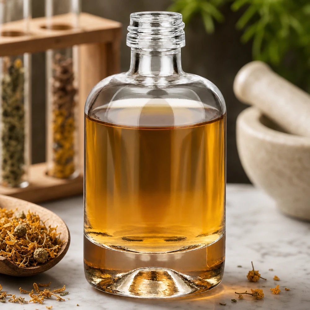 Flacon en verre Sara de 40 ml contenant un liquide jaune doré dans une ambiance d'herbes naturelles avec mortier et fleurs séchées