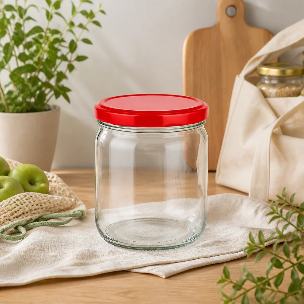 425ml Verre rond avec couvercle BasicSeal rouge UNiTWIST 425ml bocal rond avec couvercle rouge BasicSeal UNiTWIST vide sur les textiles de cuisine - bocal de conservation durable