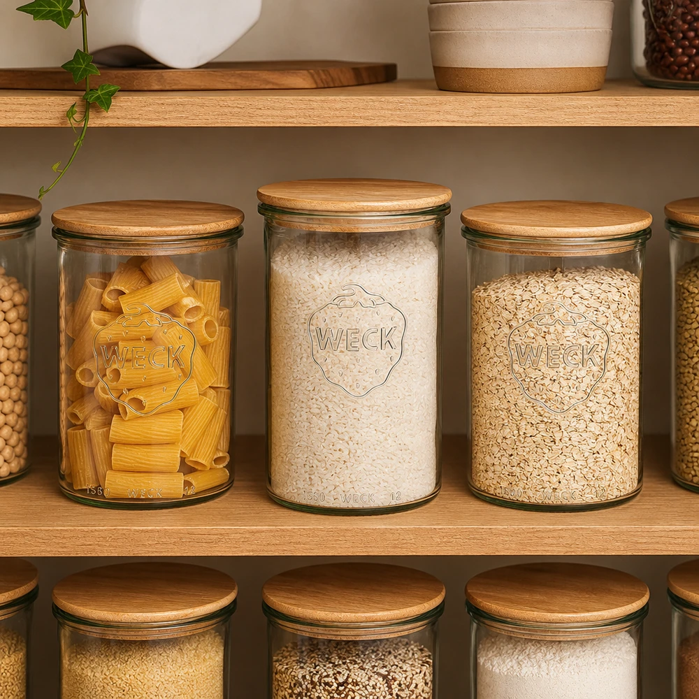 1000ml bocal conique WECK RR100 avec couvercle en bois WECK Bocaux 1000ml avec couvercle en bois comme boîtes de conservation pour pâtes riz et flocons d'avoine dans une cuisine organisée