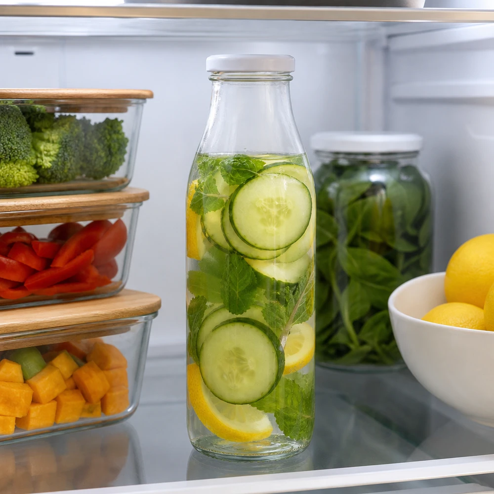 Bouteille en verre de 500 ml avec couvercle blanc remplie d'eau au concombre, au citron et à la menthe conservée au réfrigérateur