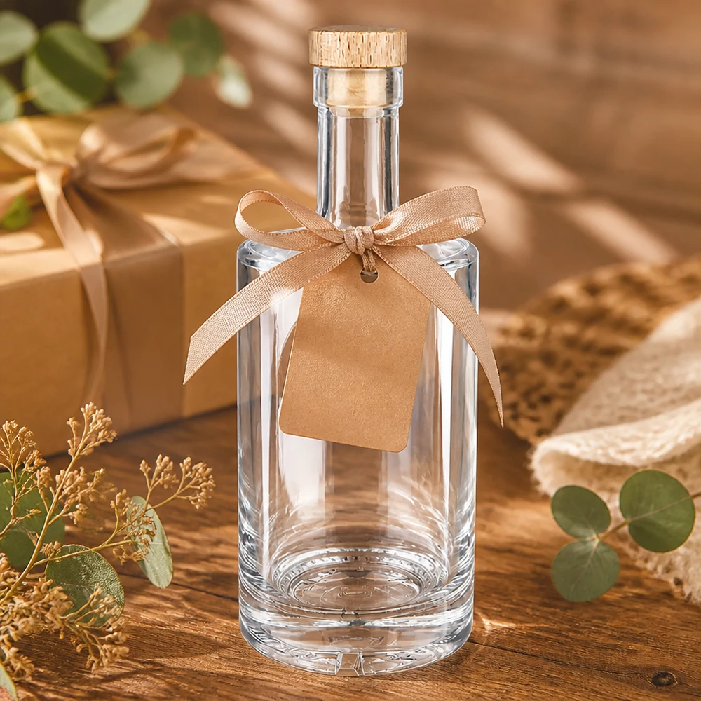 Bouteille en verre 500 ml « Nora » avec bouchon en bois UNiTWIST® Bouteille en verre 500ml Nora Emballage cadeau avec nœud Pendentif en papier kraft Bouchon en bois UNiTWIST Eucalyptus Déco