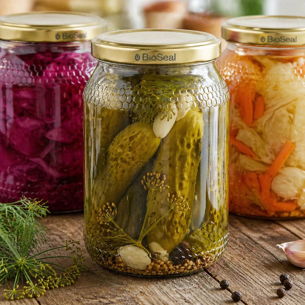 Pot à miel 1260 g avec couvercle doré BioSeal UNiTWIST 900ml Honigglas BioSeal Deckel gold Einmachglas eingelegte Gurken Dill Gewürze Fermentation Küchenvorrat