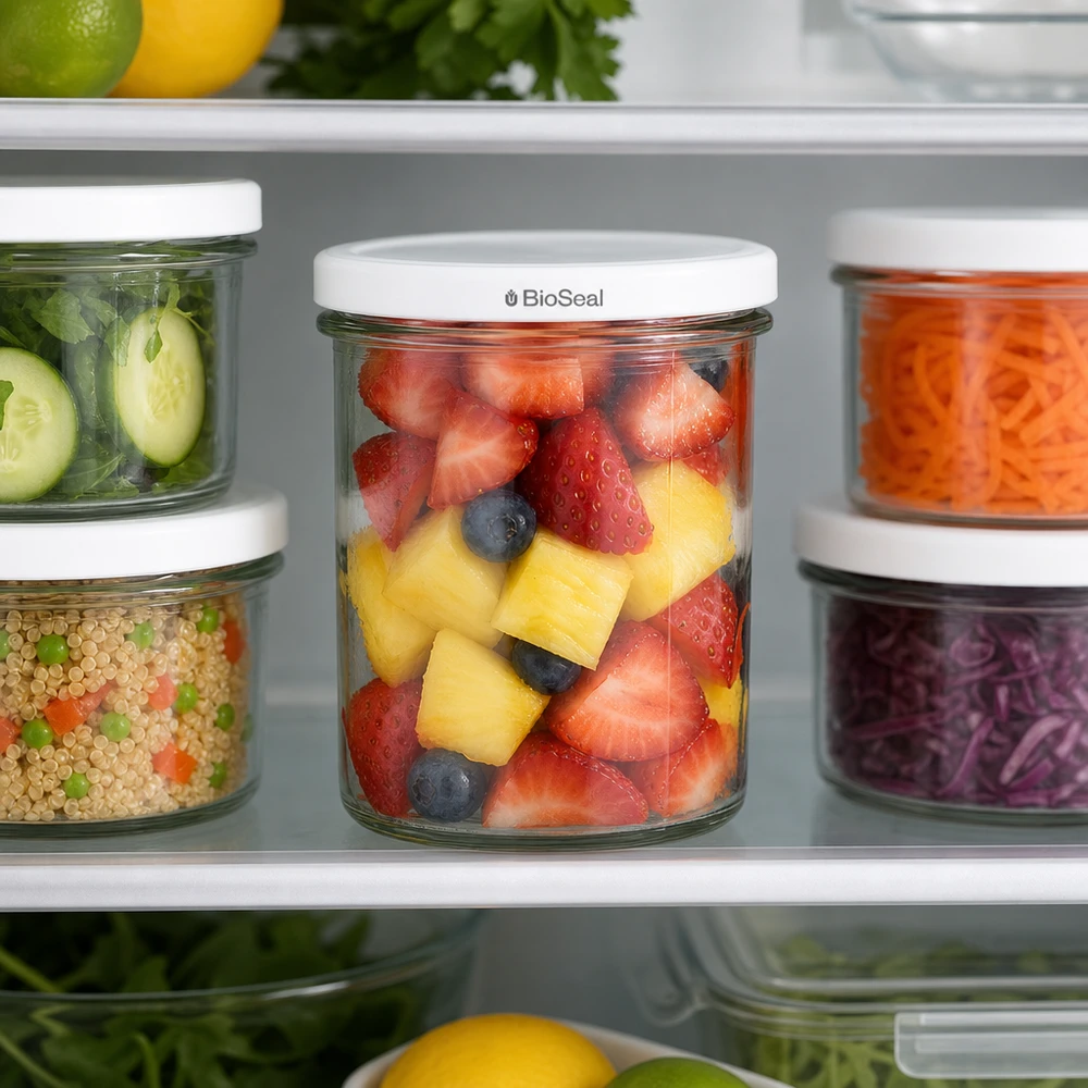 UNiTWIST Sturz350 dans le réfrigérateur rempli de salade de fruits montre une conservation optimale de la fraîcheur grâce au couvercle TO82 BioSeal