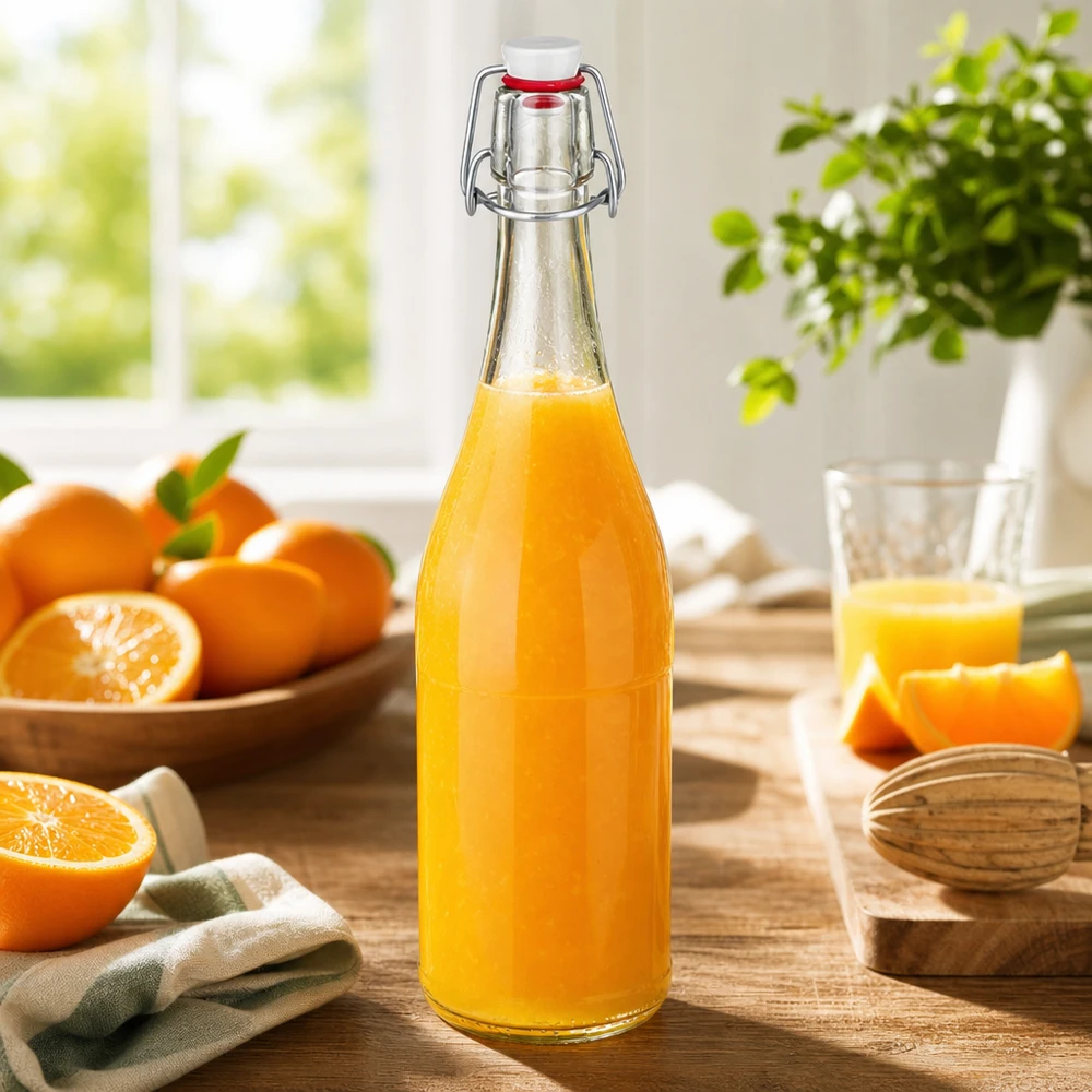 Bouteille en verre de 750 ml + bouchon mécanique en PVC UNiTWIST 750ml Glasflasche Bügelverschluss mit Orangensaft befüllt Sonnenlicht Frühstückstisch frische Orangen vitaminreich