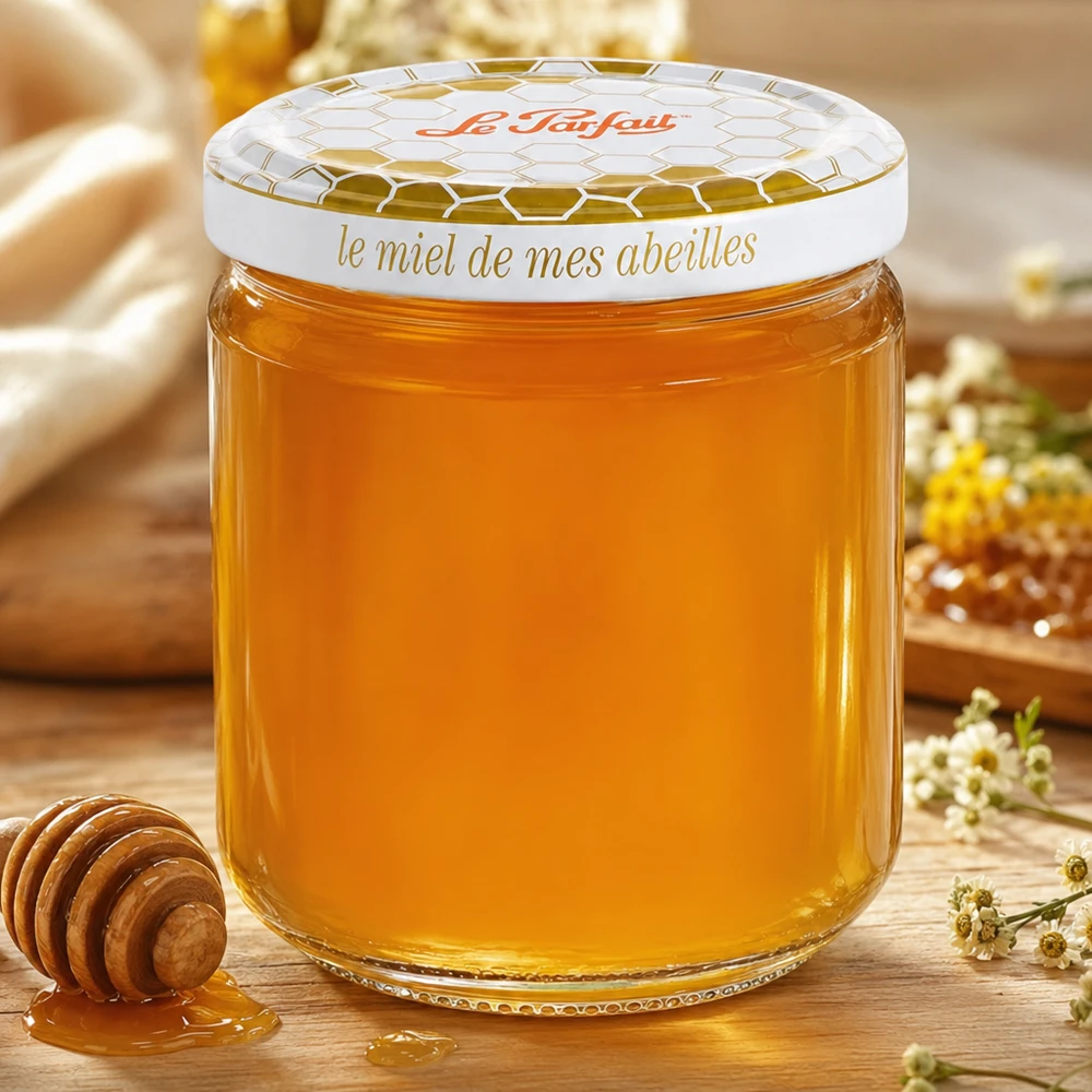 Le Parfait 212ml Honey Pot de réserve rempli de miel doré à côté de la cuillère à miel et de la camomille sur une table en bois