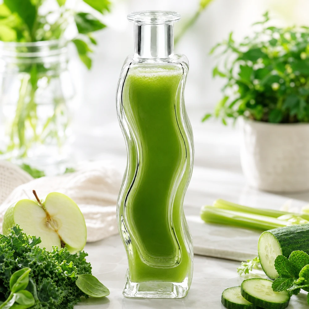 Flacon en verre « Melissa » 100 ml sans bouchon UNiTWIST® Bouteille en verre Melissa de 100 ml remplie de smoothie vert entourée de légumes pomme concombre et d'herbes sur une table en bois blanc
