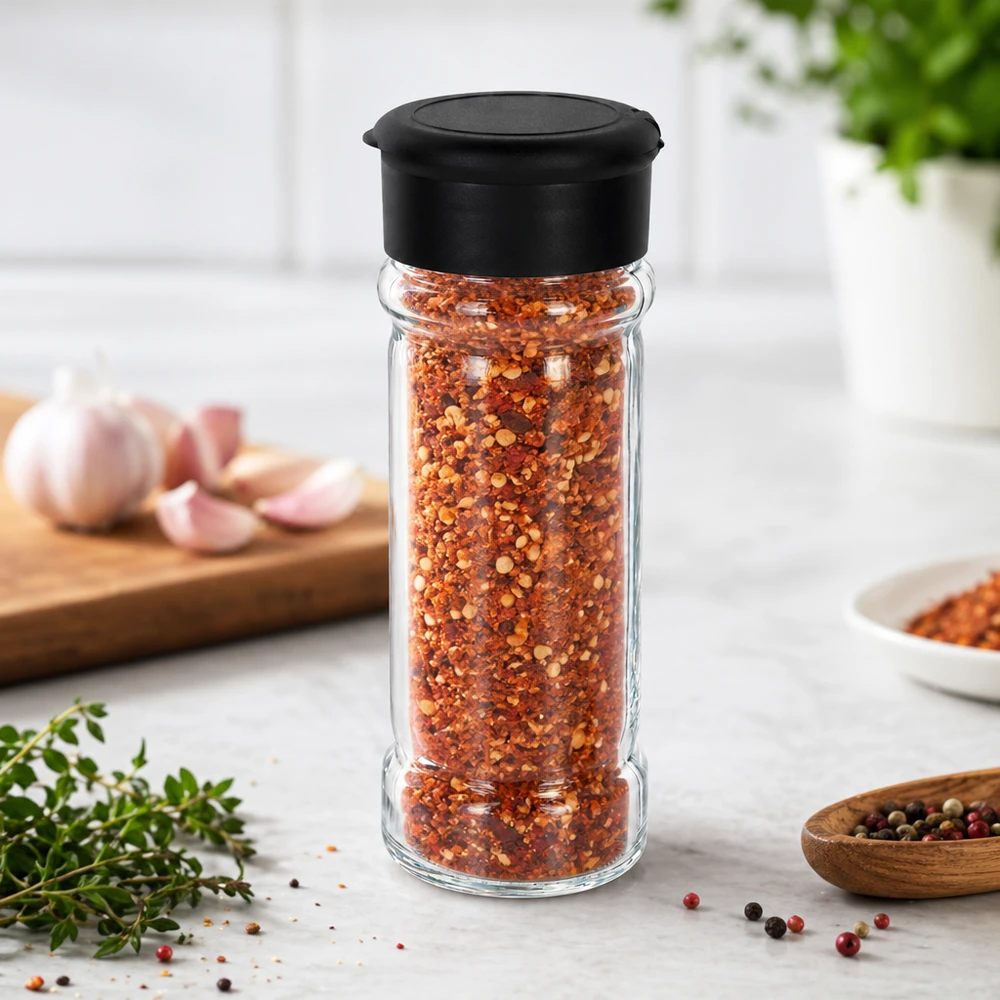 Pot à sel/épices 100 ml avec saupoudreuse, noir Bocal de flocons de piment de 100 ml avec couvercle saupoudreur noir, à côté d'herbes fraîches et d'ail
