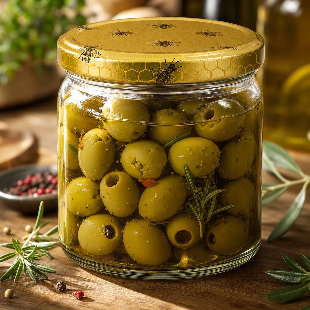 408ml Verre rond avec couvercle BasicSeal nid d'abeilles UNiTWIST Verre rond de 408 ml avec couvercle BasicSeal en nid d'abeille rempli d'olives et d'herbes marinées sur table en bois