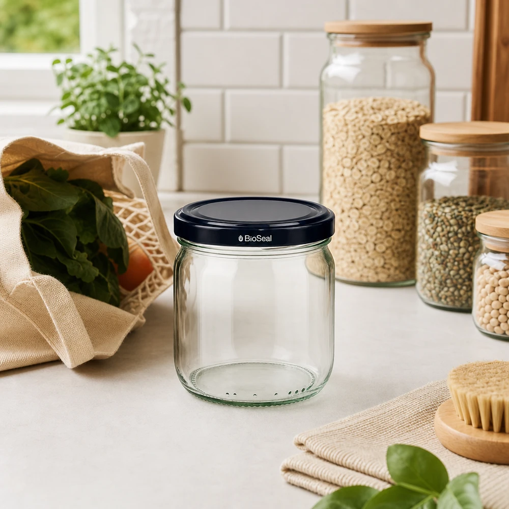 425ml Verre rond avec couvercle BasicSeal noir UNiTWIST 425ml Rundglas mit schwarzem BasicSeal Deckel in nachhaltiger Kücheneinrichtung, Vorratsglas zwischen Bio-Produkten