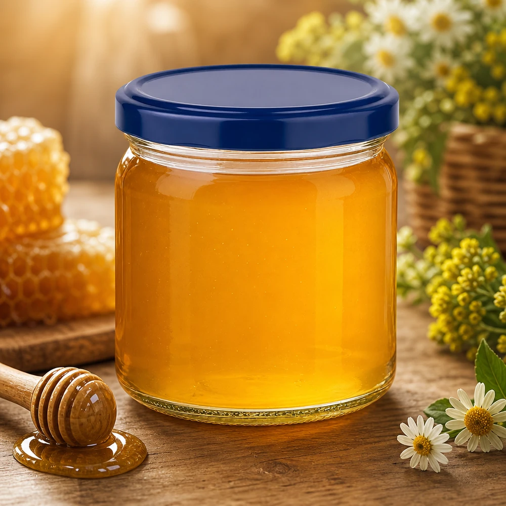 408ml Verre rond avec couvercle BasicSeal bleu UNiTWIST Pot rond de 408 ml avec couvercle bleu UNiTWIST rempli de miel doré - pot de miel à côté de rayons d'abeilles et de fleurs
