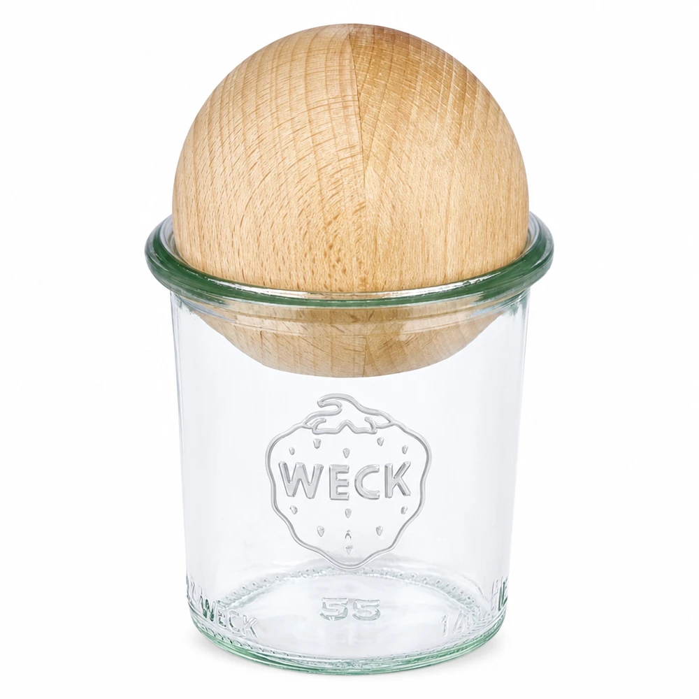 WECK Pot renversé 140ml RR60 avec couvercle en bois en forme de boule de hêtre pour la conservation et les conserves