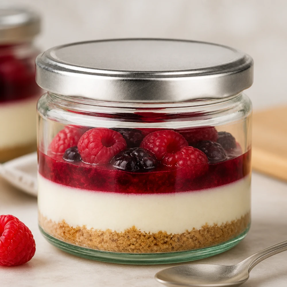 330ml Verre rond avec couvercle BasicSeal argent UNiTWIST Verre rond de 330ml avec couvercle BasicSeal argenté rempli de dessert Framboises Myrtilles Cheesecake en verre