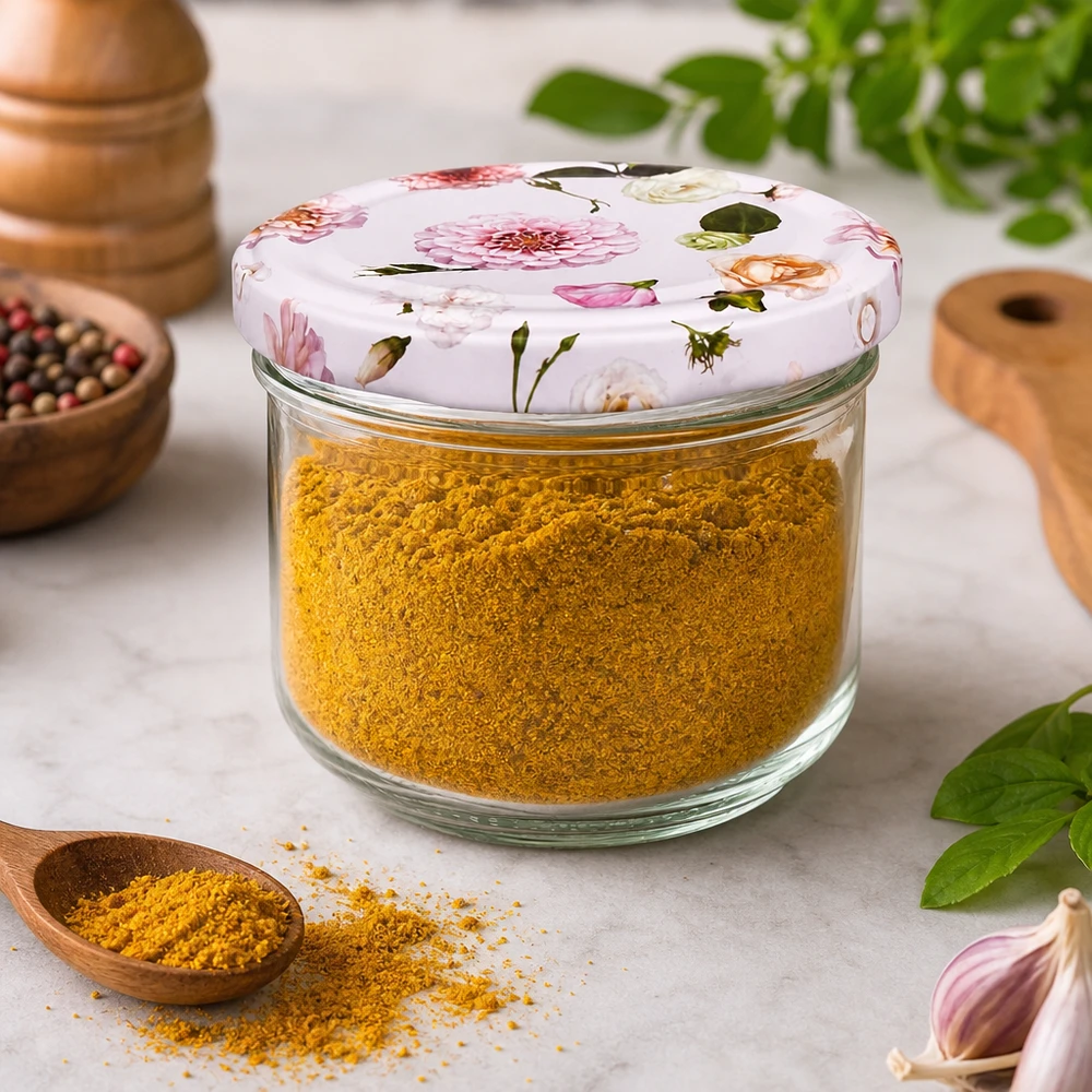 Verres de 260 ml + couvercle BasicSeal fleur rose UNiTWIST BasicSeal bocal de 260ml avec couvercle fleuri rempli d'épices au curcuma - conservation des épices dans un bocal de stockage décoratif