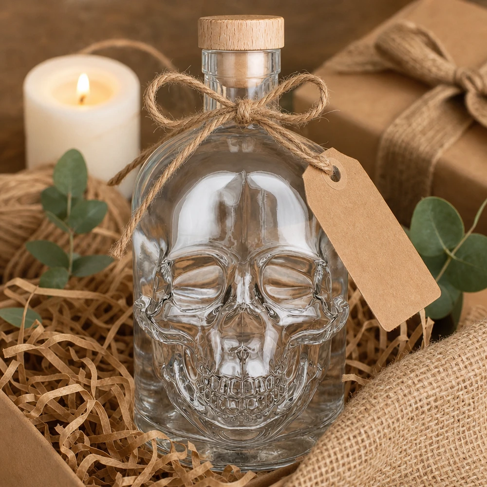 Bouteille en verre 500 ml « Jack » avec bouchon en bois UNiTWIST® Bouteille en verre Jack 500ml tête de mort emballée comme cadeau avec bouchon, sac en jute, bougie et décoration en eucalyptus