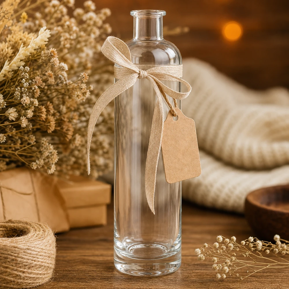 Bouteille en verre 500ml Ella UNiTWIST comme emballage cadeau décoré avec un ruban et un pendentif décoration rustique
