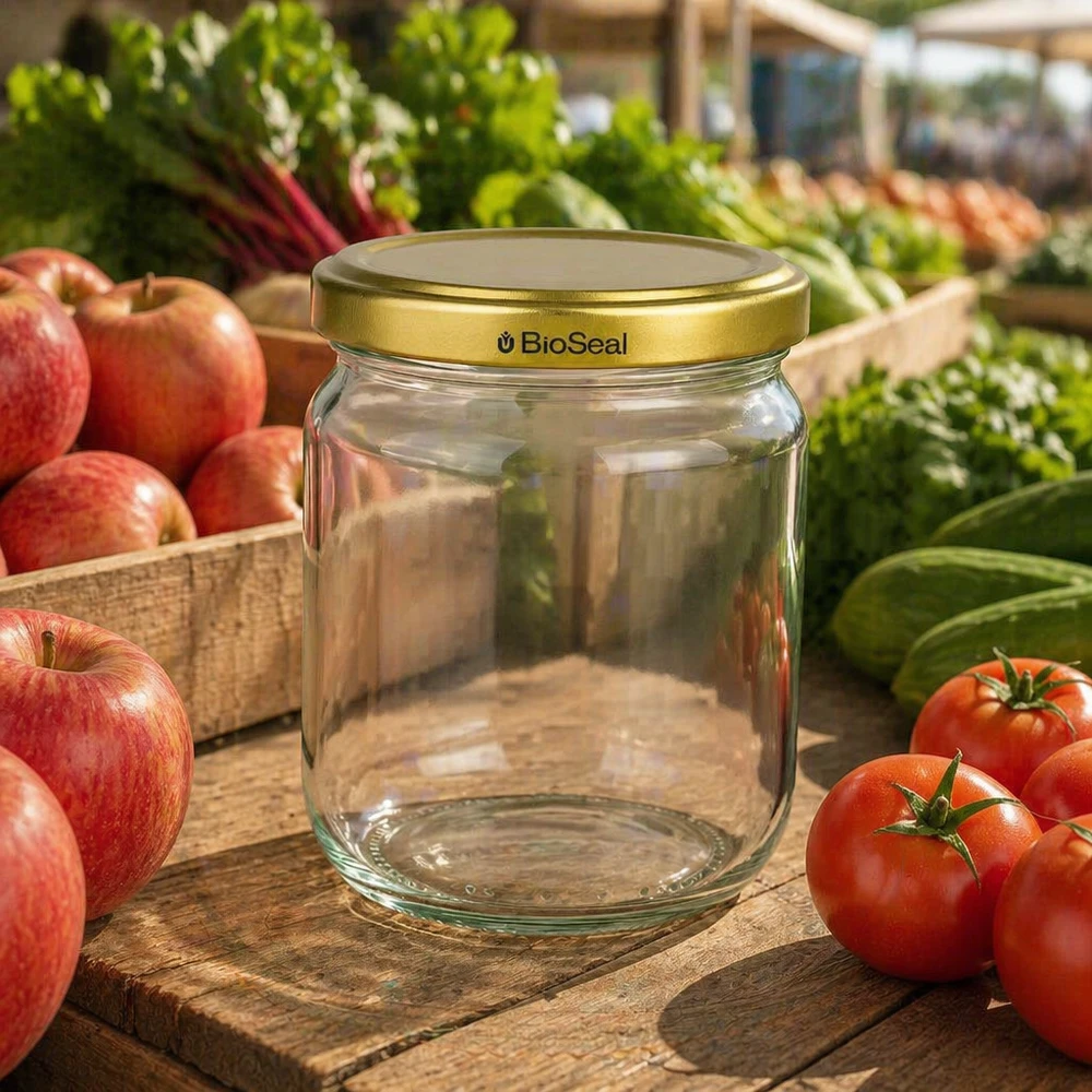 Pot à miel 500 g avec couvercle doré BioSeal UNiTWIST 500g BioSeal pot de miel vide avec couvercle doré entouré de pommes et de tomates fraîches sur table en bois à l'extérieur