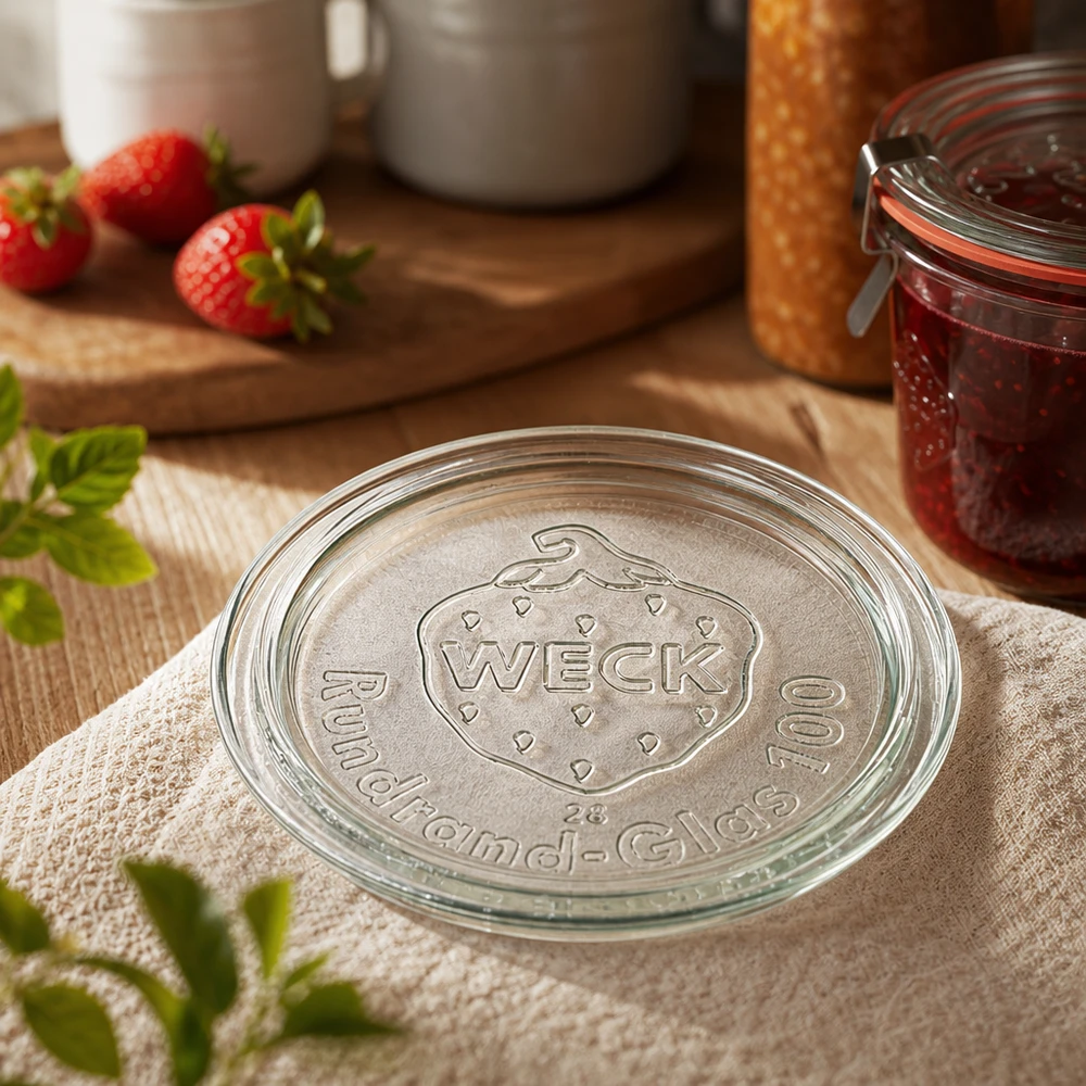 Couvercle de verre RR100 WECK WECK Couvercle en verre RR100 Détail avec le logo de la marque en relief sur un torchon de cuisine à côté d'une confiture de fraises dans un pot en verre