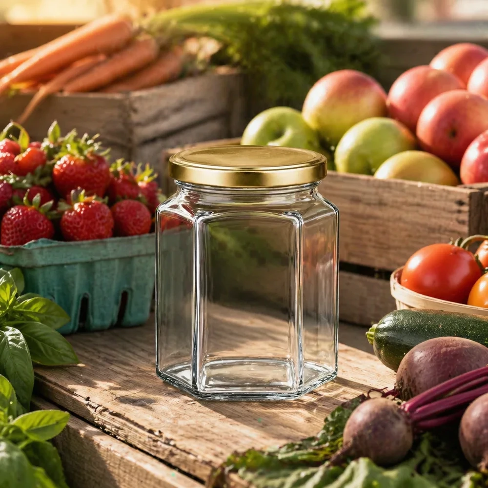 Bocal hexagonal vide de 288 ml avec couvercle BasicSeal doré entre des fruits et légumes frais sur une table en bois dans une cuisine de ferme