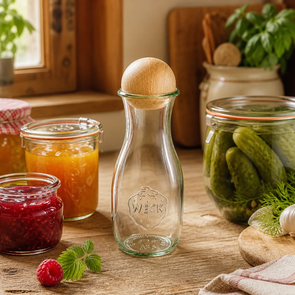 530ml Bouteille à jus de fruits WECK RR60 avec boule en bois en hêtre WECK Bouteille de jus 530ml avec bouchon en bois dans une cuisine rustique à côté de bocaux de confiture et de cornichons