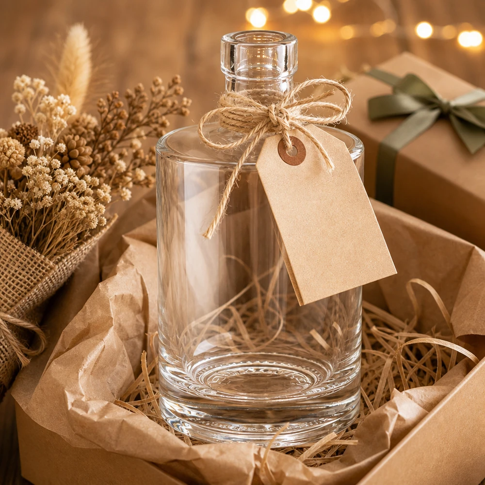 Bouteille en verre Marie de 500 ml comme idée de cadeau avec pendentif en papier kraft et ficelle de jute dans un emballage rustique