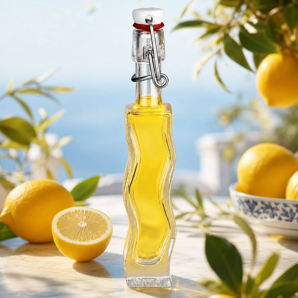 Flacon en verre « Fila » 40 ml avec bouchon en PVC UNiTWIST® 40ml Glasflasche Anna mit gelber Zitronenessenz auf weißer Marmorplatte mit frischen Zitronen und Kräutern im Mediterran