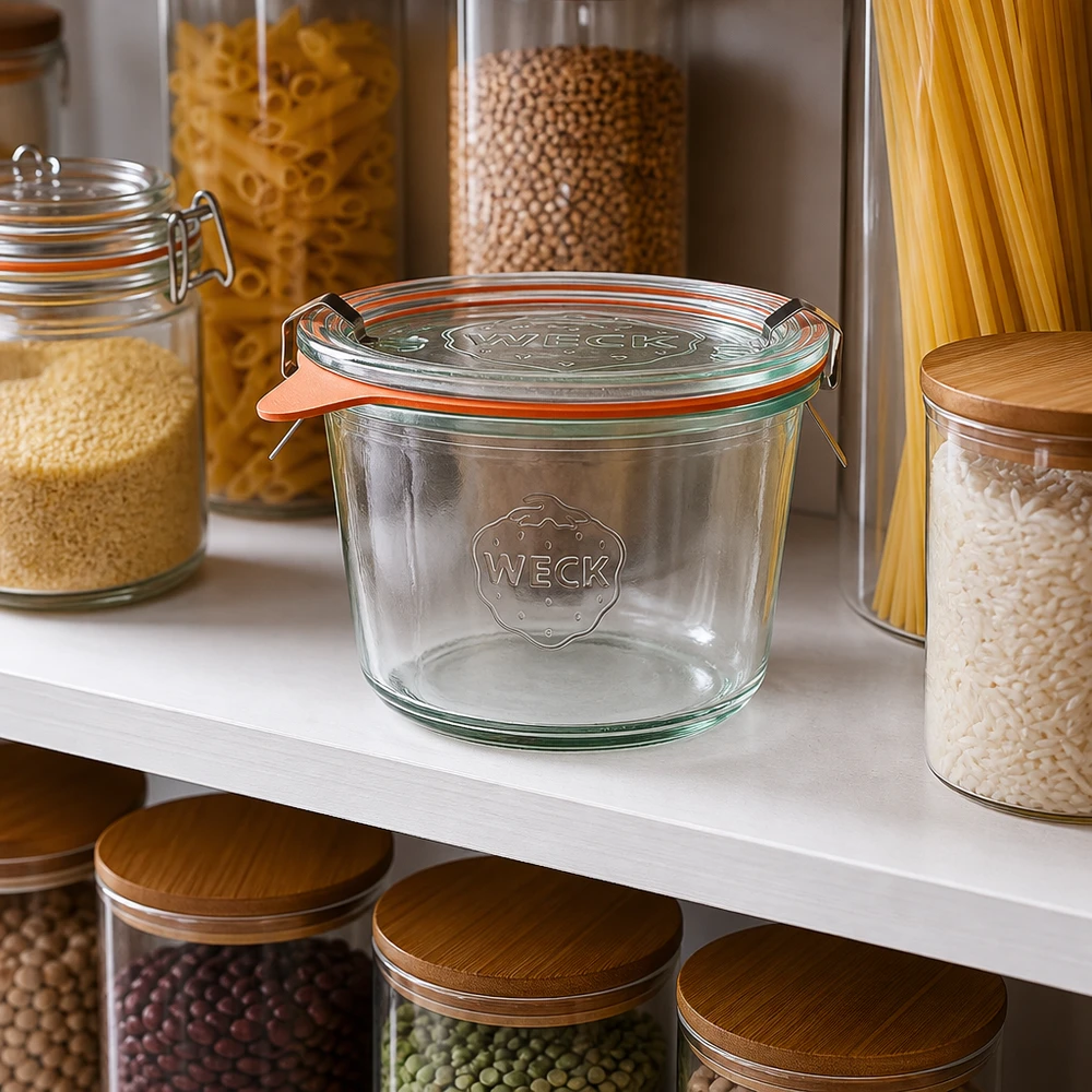 370ml bocal conique complet WECK RR100 WECK Pot renversé 370ml RR100 vide dans un garde-manger organisé à côté de bocaux remplis de pâtes et de légumineuses