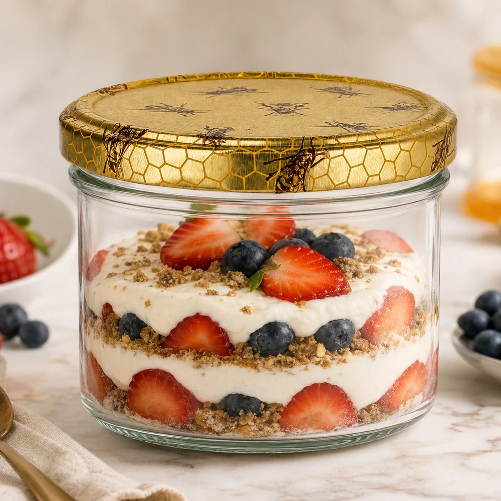 Pot à miel 300 g avec couvercle motif rayon de miel BasicSeal UNiTWIST Pot de miel de 300g comme boîte à provisions pour dessert avec baies et yaourt, pot en verre polyvalent