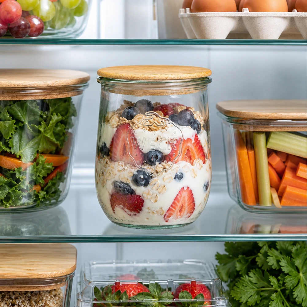1062ml bocal tulipe WECK RR100 avec couvercle en bois WECK Pot tulipe RR100 1062ml avec couvercle en bois dans le réfrigérateur rempli de yaourt baies muesli comme Meal Prep sain