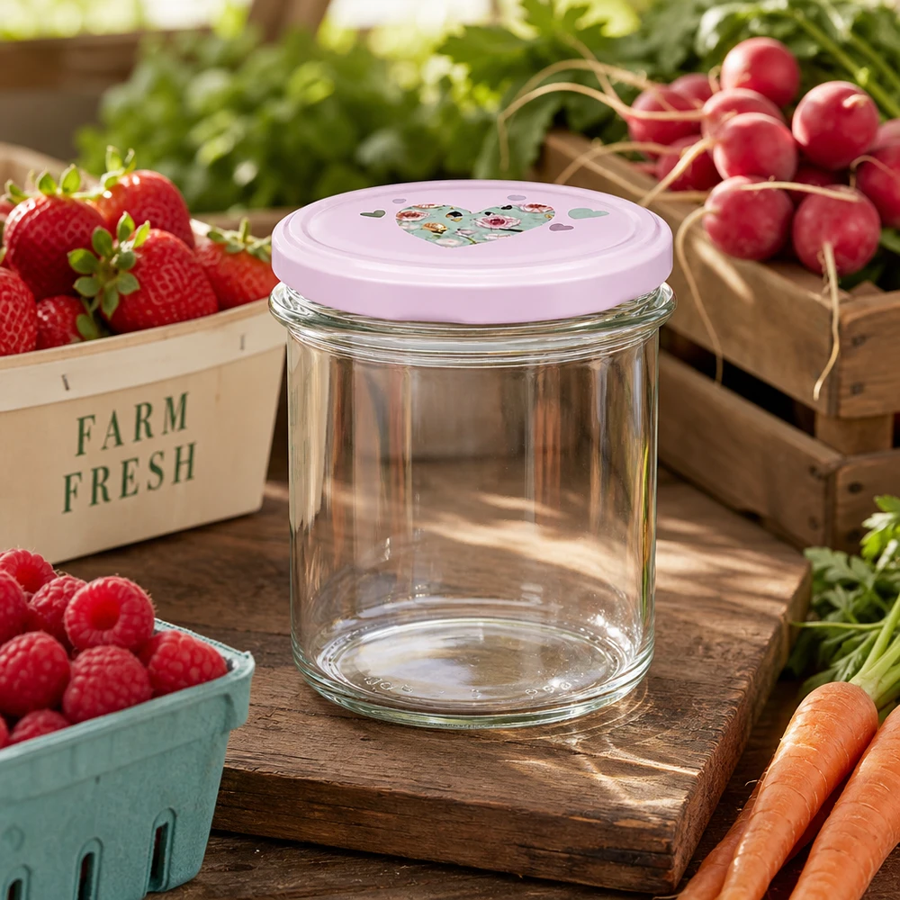 Verres de 350 ml + couvercle BasicSeal rose cur UNiTWIST 350ml Sturzglas rosa Herzdeckel zwischen frischem Gemüse Obst Radieschen Erdbeeren Farm Fresh nachhaltige Aufbewahrung