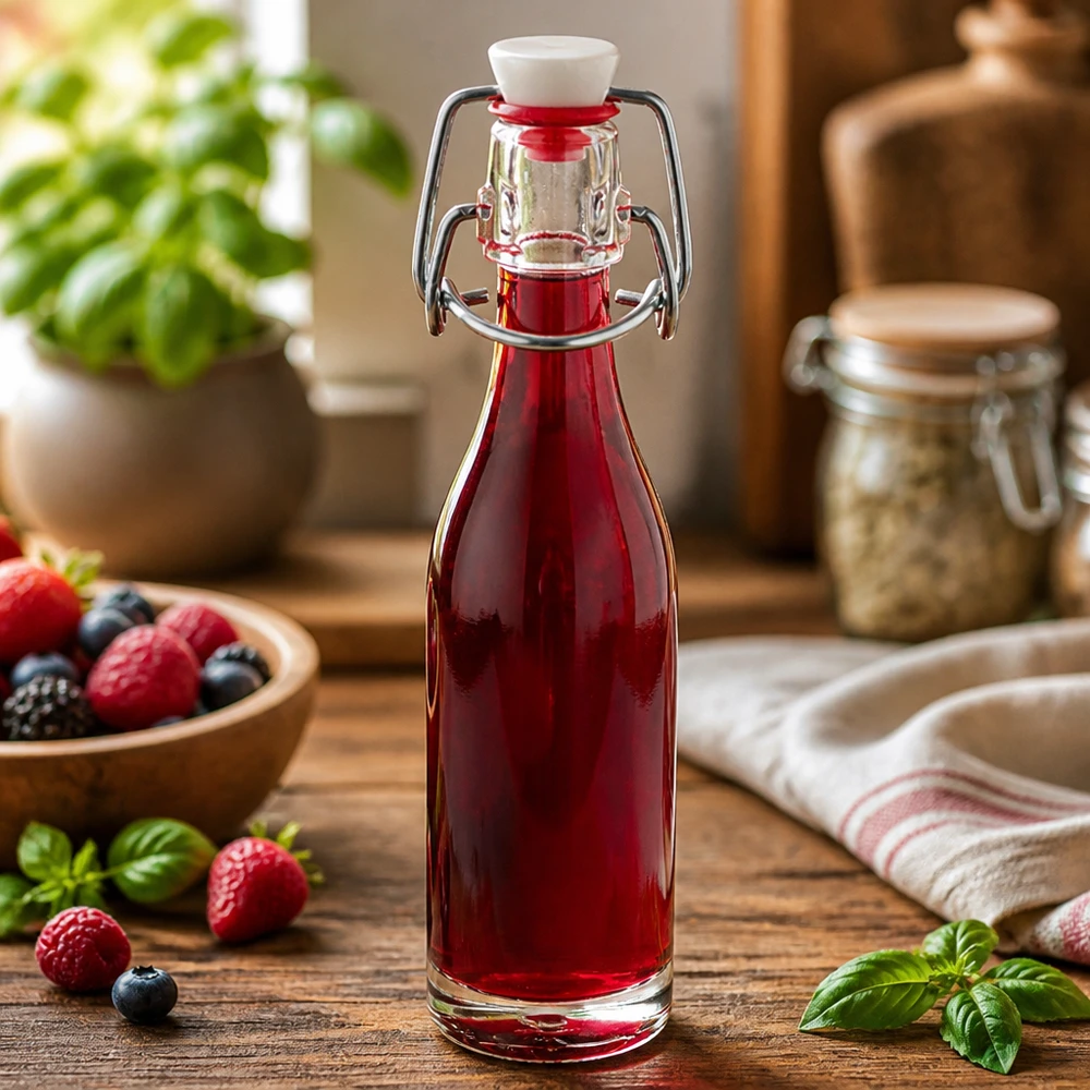 Bouteille en verre de 50 ml avec bouchon à étrier remplie de jus de baies rouges entouré de fraises et de myrtilles fraîches