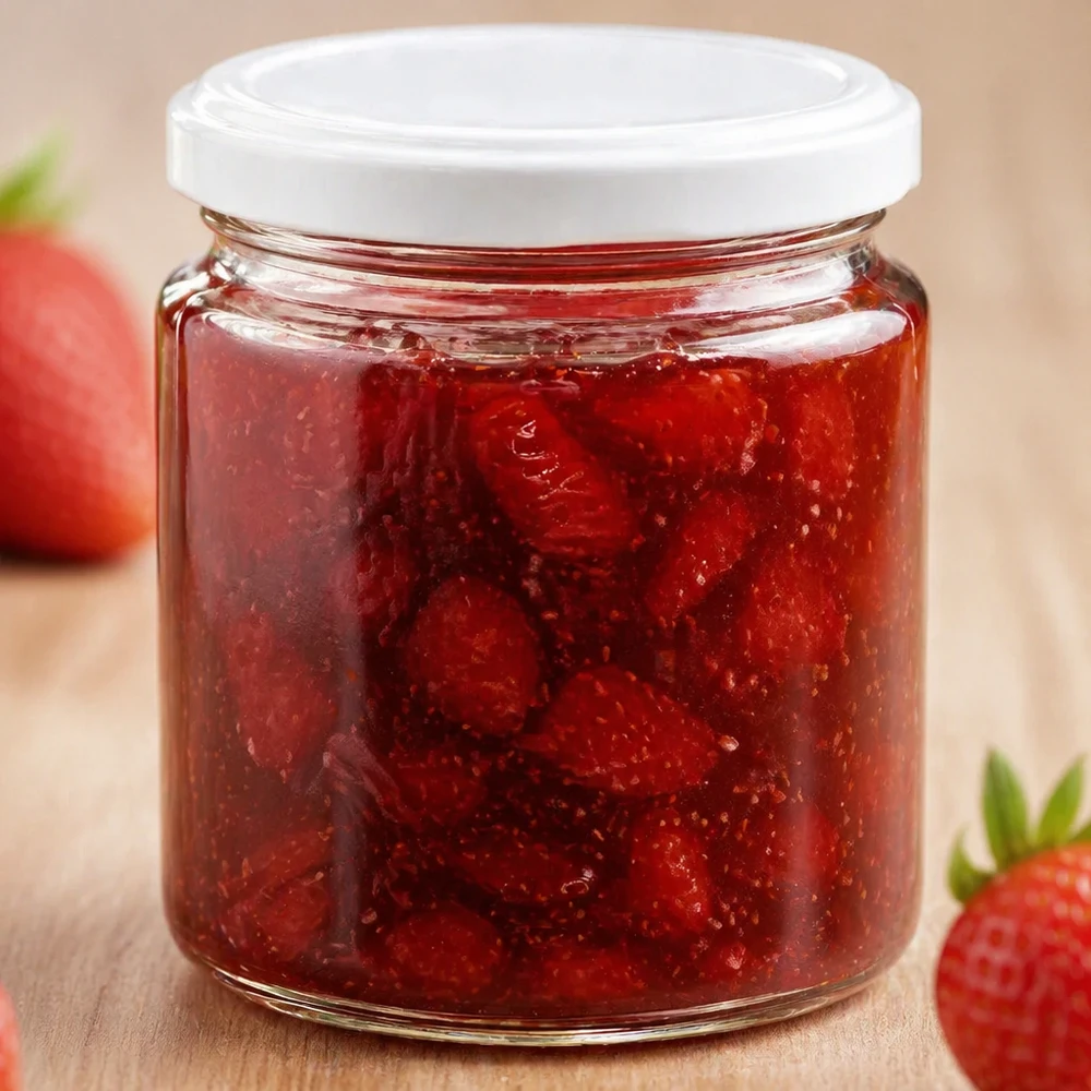 Pot à miel 350 g avec couvercle blanc BasicSeal UNiTWIST Pot de miel de 250 ml avec couvercle blanc UNiTWIST rempli de confiture de fraises rouges à côté de fraises fraîches