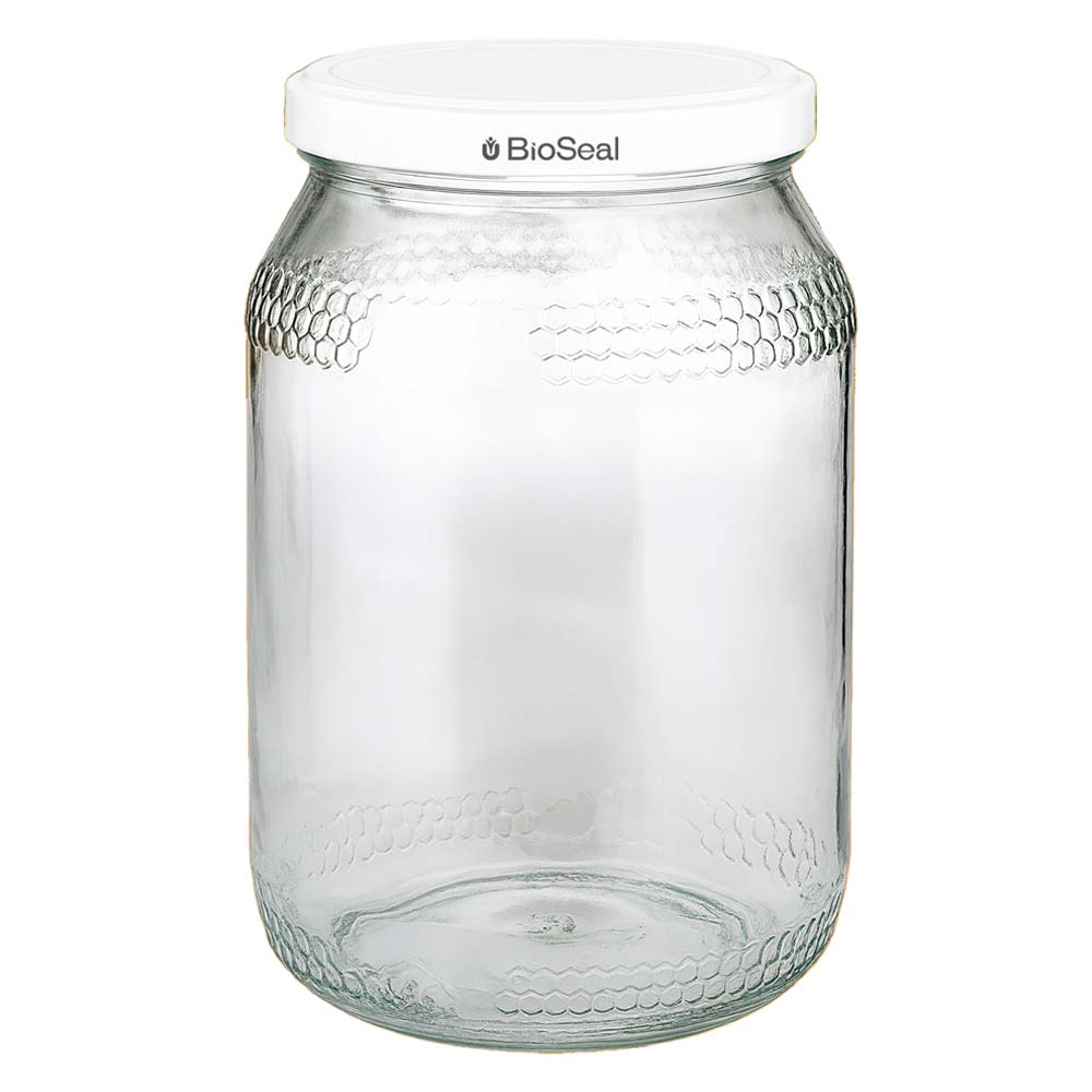 Pot à miel 900ml avec couvercle blanc BioSeal UNiTWIST pot en verre vide pour miel avec motif alvéolé