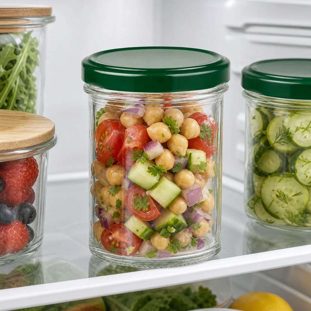 350ml Verre conique avec couvercle BasicSeal vert UNiTWIST Pot renversé vert de 350 ml rempli de salade de pois chiches dans le réfrigérateur montre une conservation pratique des aliments