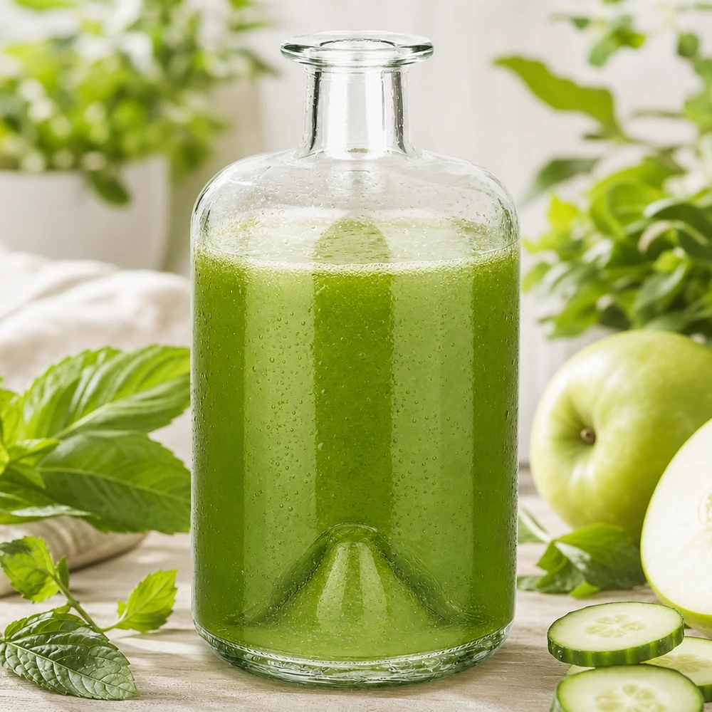 Flacon à pharmacie « 500ml Glasflasche "Sofia" ohne Verschluss UNiTWIST » 500 ml sans bouchon UNiTWIST® Bouteille en verre Sofia de 500ml remplie de smoothie vert concombre pomme menthe boisson détox bouteille de pharmacie cuisine