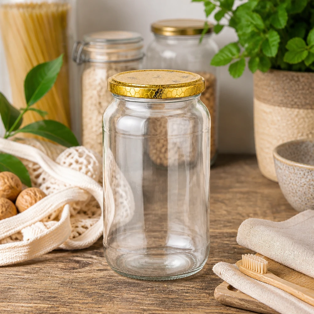 1062ml Verre rond vide sur table en bois avec ustensiles de cuisine durables Brosses à dents en bambou Sac en jute Zero-Waste-Lifestyle
