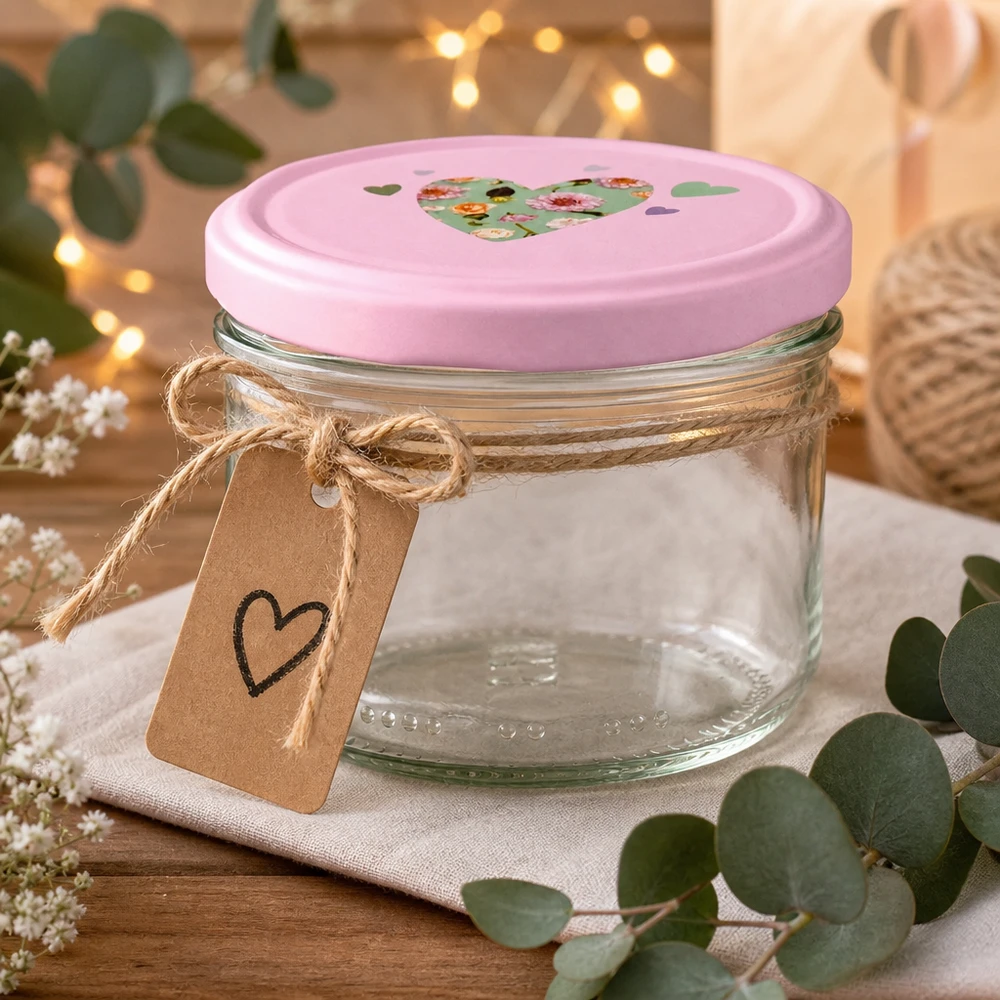 Verre cylindrique de 230 ml avec couvercle en forme de cœur rose arrangé de manière décorative avec un ruban de jute, un pendentif et de l'eucalyptus comme idée de cadeau