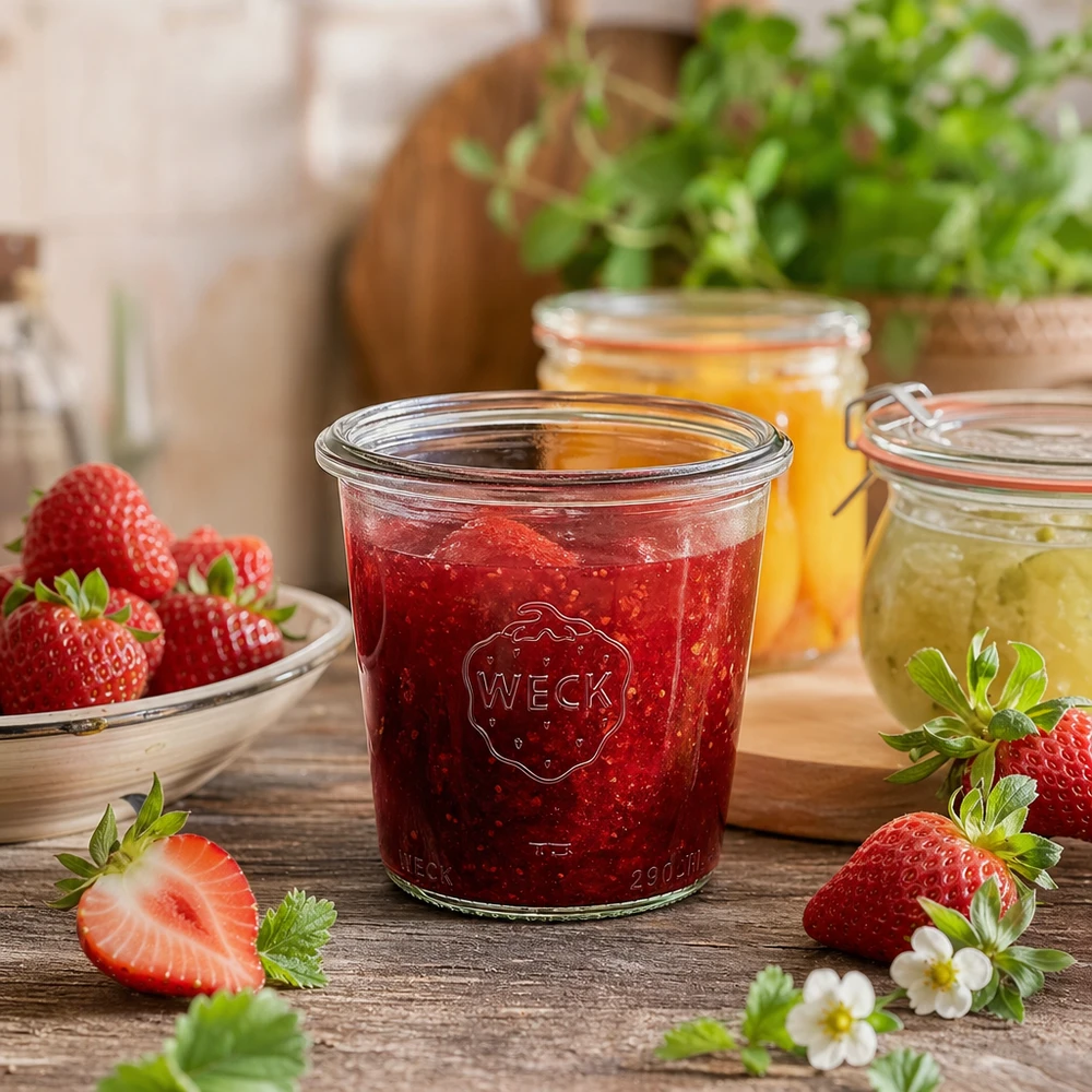 Bocal WECK haut rempli de confiture de fraises