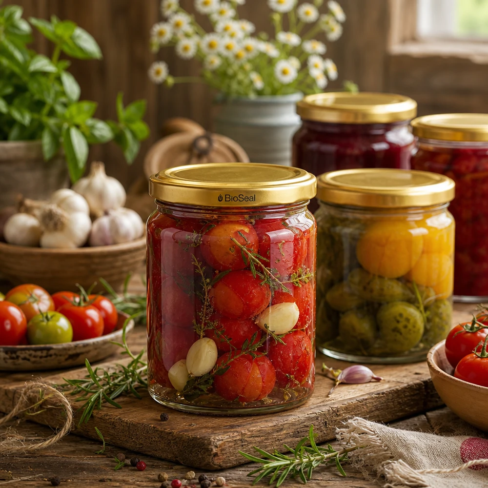 UNiTWIST Runda408 Bocal avec couvercle TO82 BioSeal lors de la mise en conserve de tomates et de légumes dans une cuisine rustique