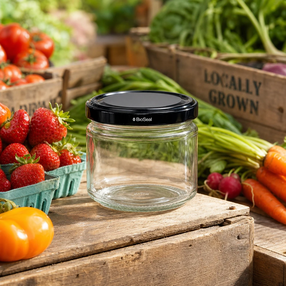 UniTWIST Runda330 Boîte en verre avec couvercle TO82 au milieu de fruits et légumes frais sur caisse en bois