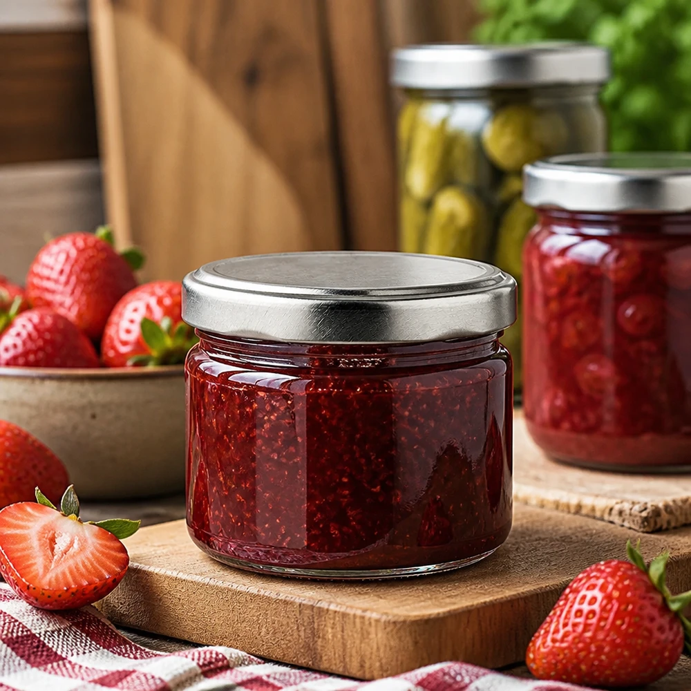 540ml Verre rond avec couvercle BasicSeal argent UNiTWIST Pot rond de 540ml avec couvercle argenté pour confiture et marmelade, pot de conserve avec fraises sur table en bois