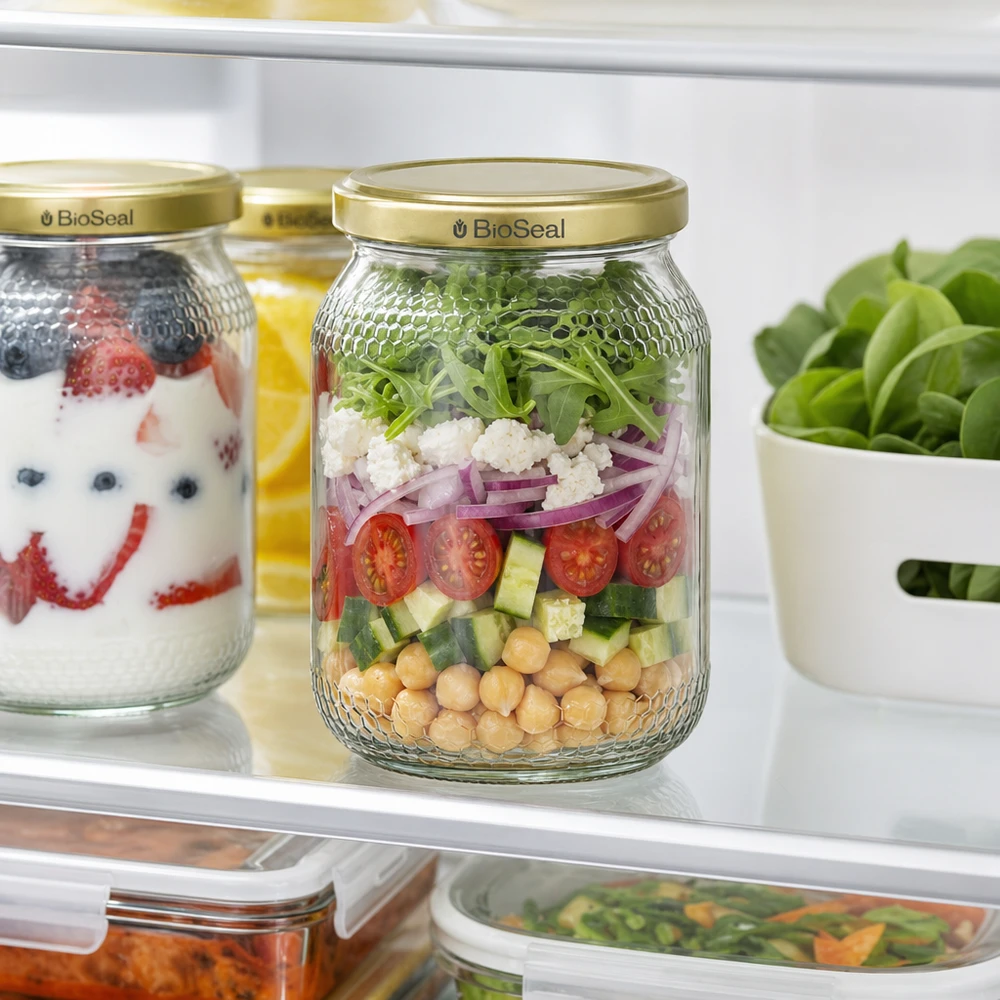 Pot à miel 1260 g avec couvercle doré BioSeal UNiTWIST 900ml pot de miel BioSeal couvercle or réfrigérateur Meal Prep salade verre stratifié pois chiches tomates conservation