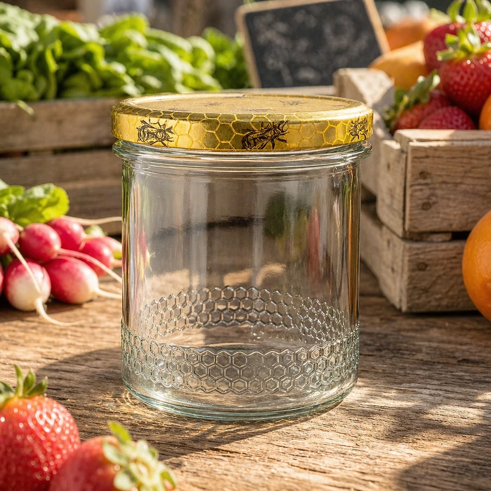 Pot à miel 560 g avec couvercle motif rayon de miel BasicSeal UNiTWIST Pot à miel de 400 ml avec couvercle BasicSeal en nid d'abeille, pot d'apiculteur vide entre des fraises fraîches et des légumes
