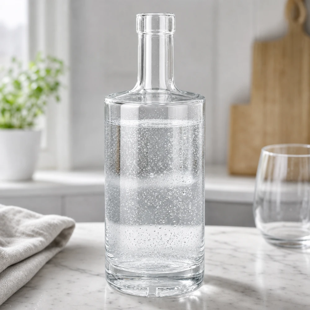 Bouteille en verre 500 ml « 500ml Glasflasche "Nora" ohne Verschluss UNiTWIST » sans bouchon UNiTWIST® Bouteille en verre Nora de 500 ml remplie d'eau pétillante sur un comptoir en marbre dans une cuisine moderne UNiTWIST
